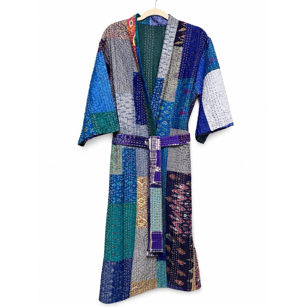 Vintage Silk Kantha Patchwork Robe Handmade Quilted Kimono Belted One Size - Picture 3 of 10